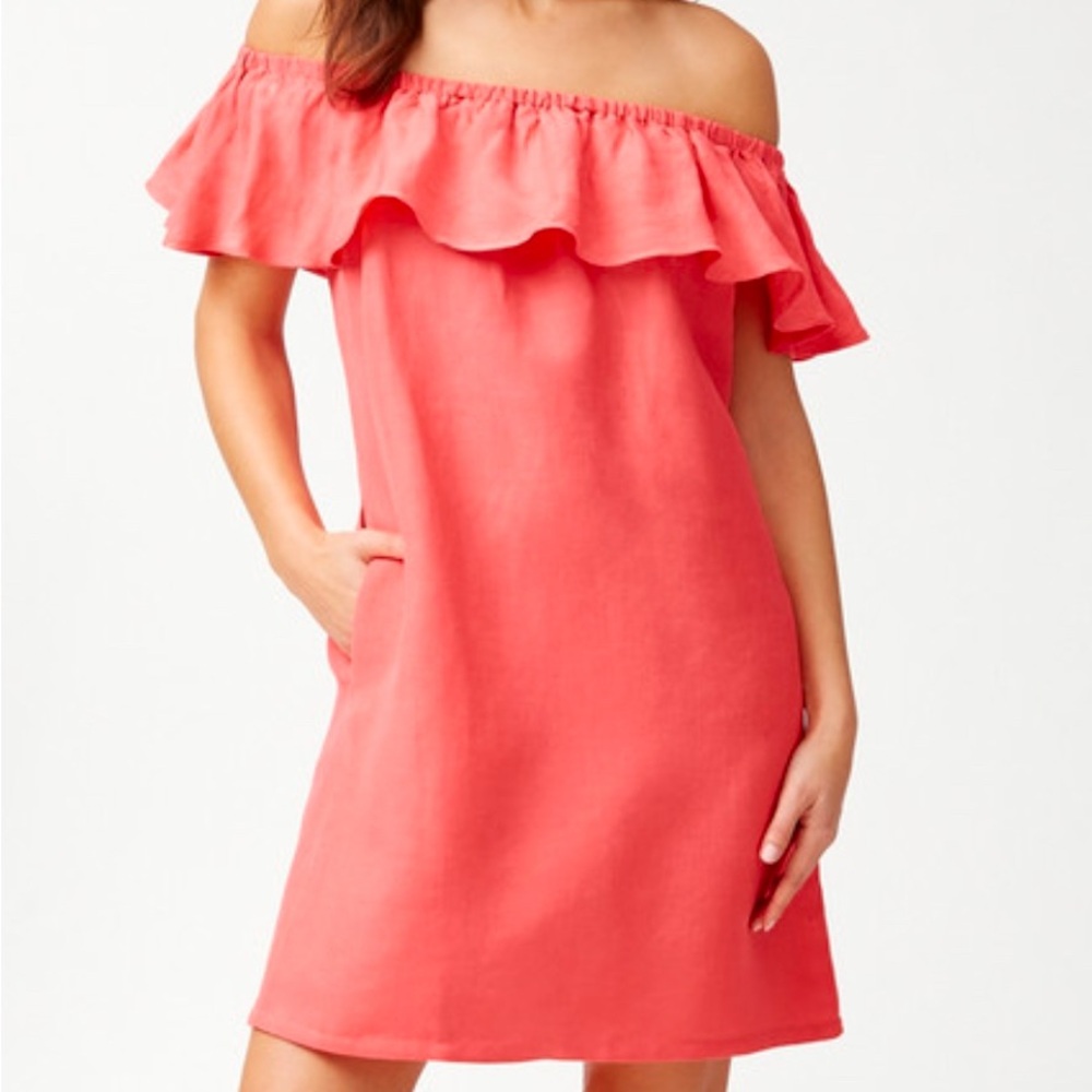 Tommy Bahama Off the Shoulder Linen Blend Dress Coral Small NWOT